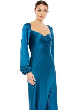 Mac Duggal Teal Empire-Waist Long Sleeve Evening Gown